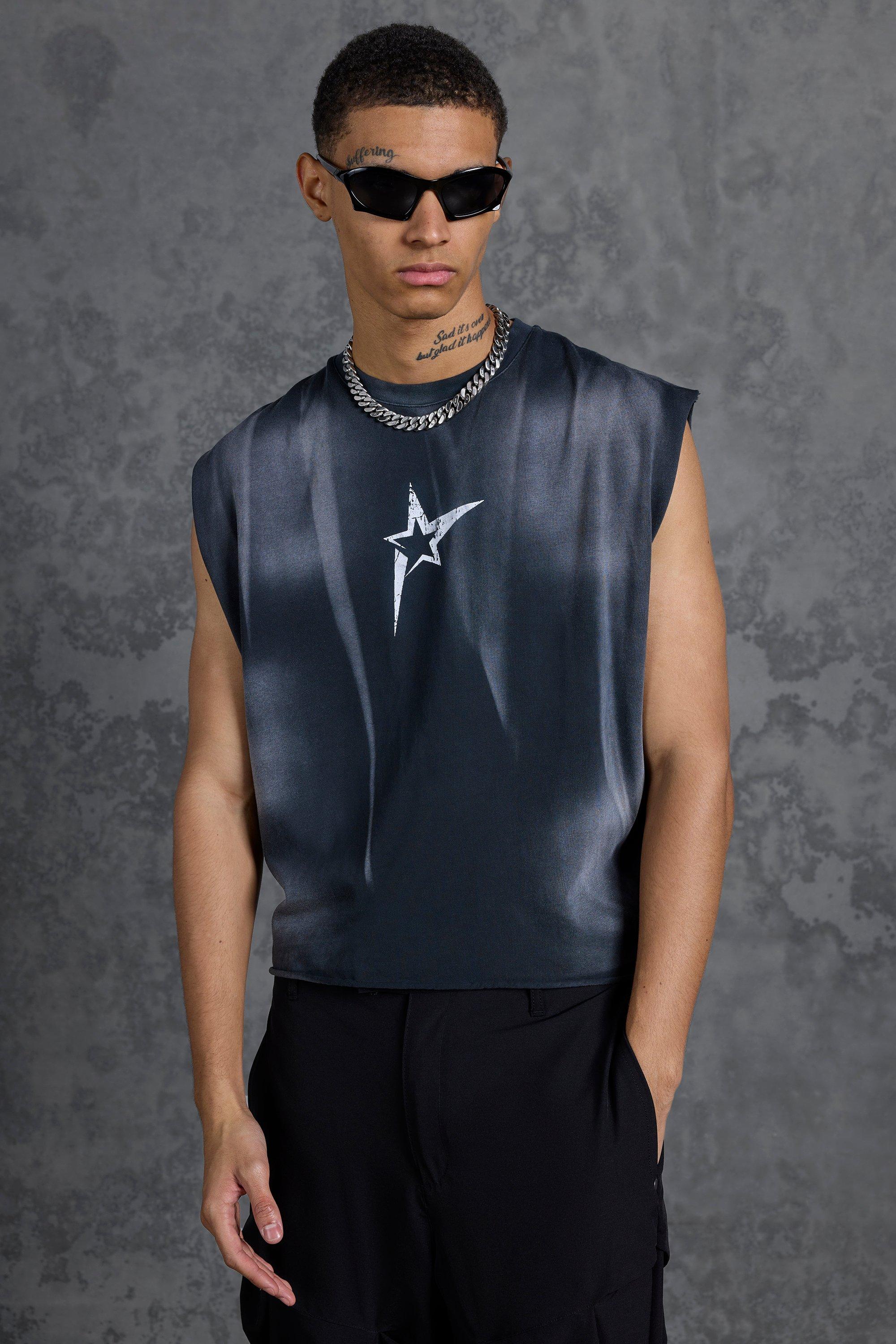 P-Star Oversized Cropped Tank Top with Star Print | boohooMAN